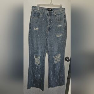 Distressed Blue Jeans with Sequin Details